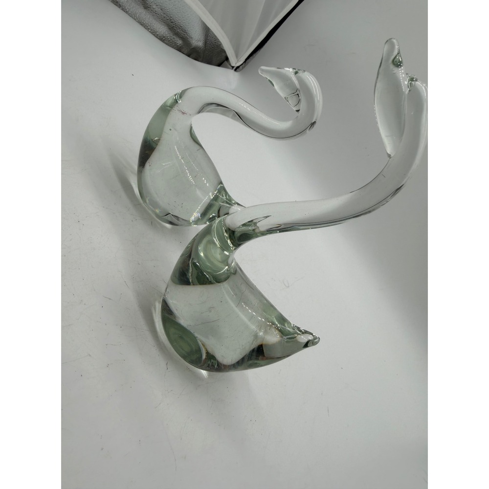 Vintage Hand Blown Glass Swan Figurines Clear Green Smoke Set of 2 Paperweights - Picture 4 of 11